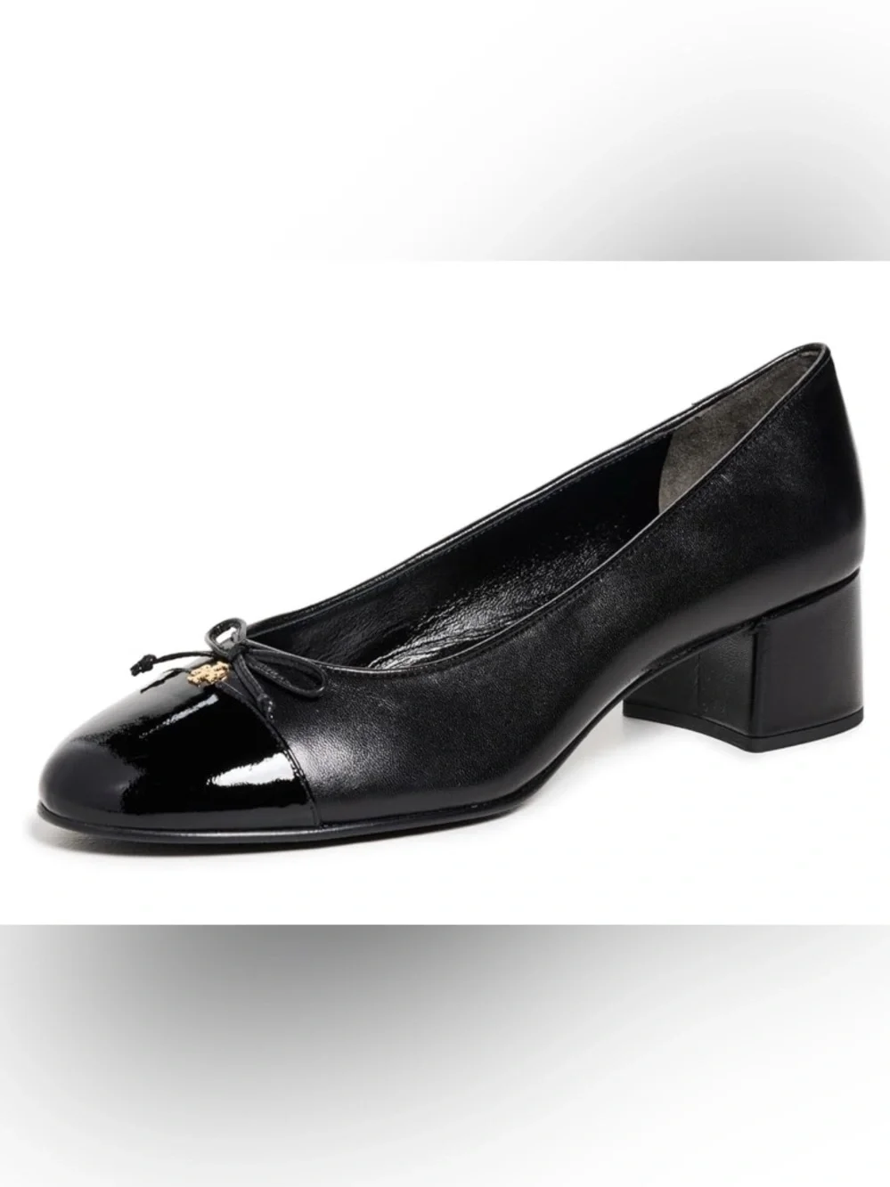 Tory Burch 45mm Cap Toe Pumps Black Leather Logo Bow Heels Womens Size 6.5M